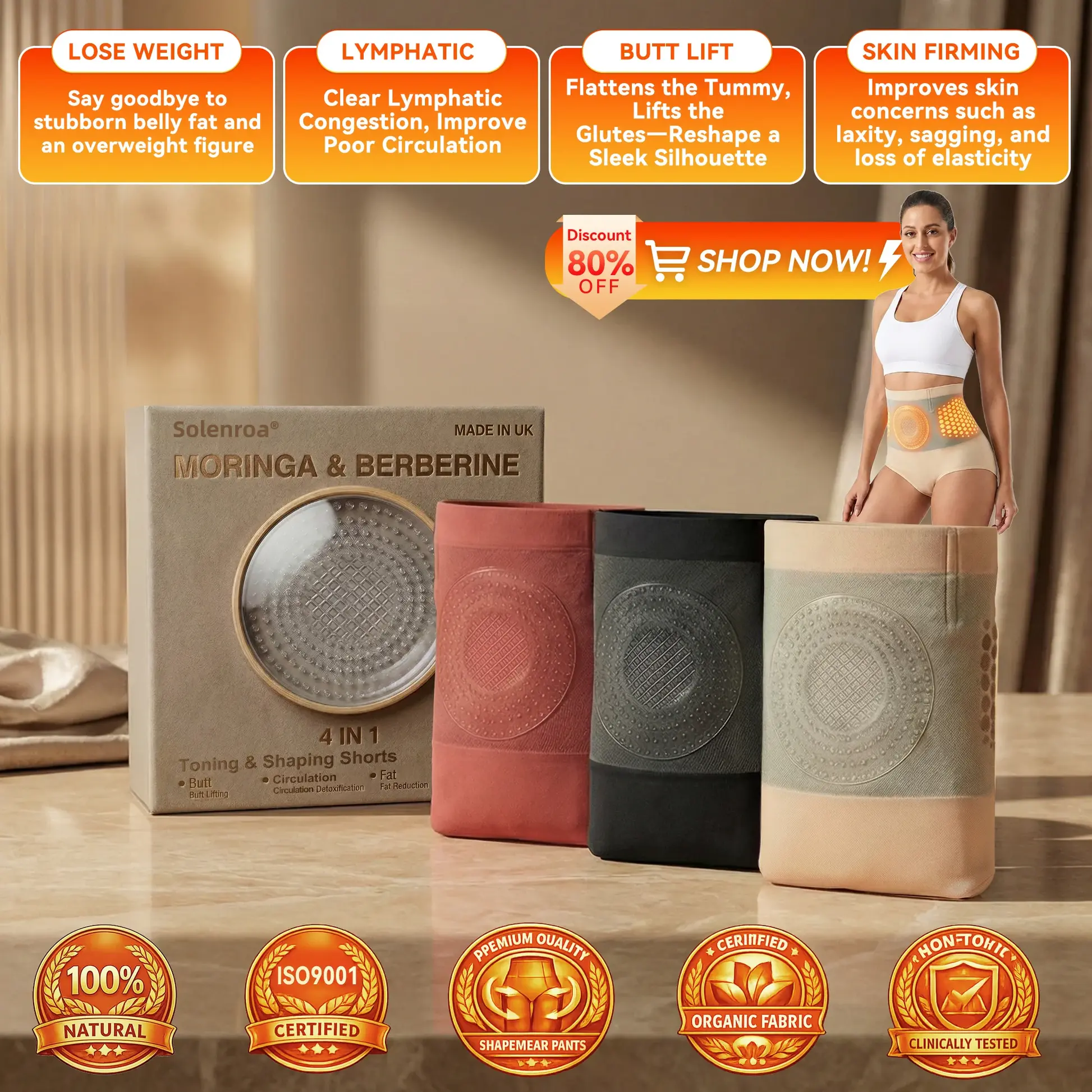 SOLENROA® 2026 New Release Moringa & Berberine 4‑In‑1 Micro‑Particle Sculpting & Fat‑Burn Shorts